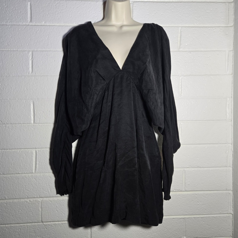 Zara Dolman Sleeve Mini Black Ruched‎ Puff Cinched Babydoll Medium Zipper Cuffs